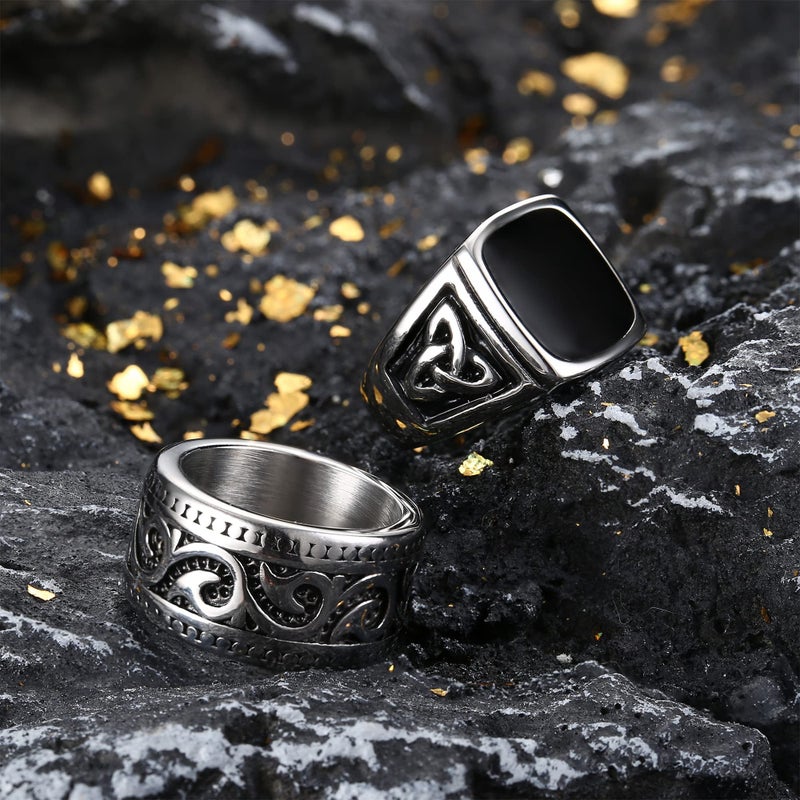 Jstyle 4Pcs Stainless Steel Vintage Signet Rings for Men Biker Rings Set Pinky Thumb Celtic Band Ring Spinner Ring Silver Gold Polished Edge Mens Rings for Men Jewelry Gift Silver Ring Size 10 - Image 2