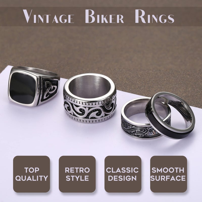 Jstyle 4Pcs Stainless Steel Vintage Signet Rings for Men Biker Rings Set Pinky Thumb Celtic Band Ring Spinner Ring Silver Gold Polished Edge Mens Rings for Men Jewelry Gift Silver Ring Size 10 - Image 4