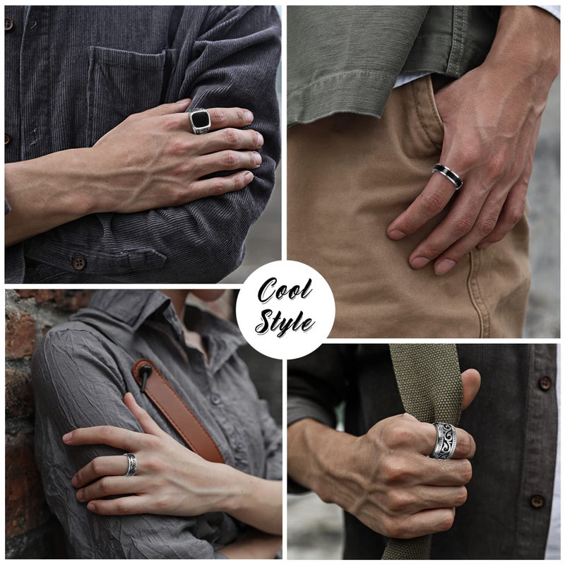 Jstyle 4Pcs Stainless Steel Vintage Signet Rings for Men Biker Rings Set Pinky Thumb Celtic Band Ring Spinner Ring Silver Gold Polished Edge Mens Rings for Men Jewelry Gift Silver Ring Size 10 - Image 5
