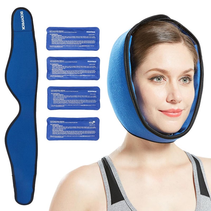 Bodyprox Face ice Pack for Jaw Head and Chin Adjustable Hot and Cold Wrap for Wisdom Teeth and TMJ Pain Relief Nylon Blue