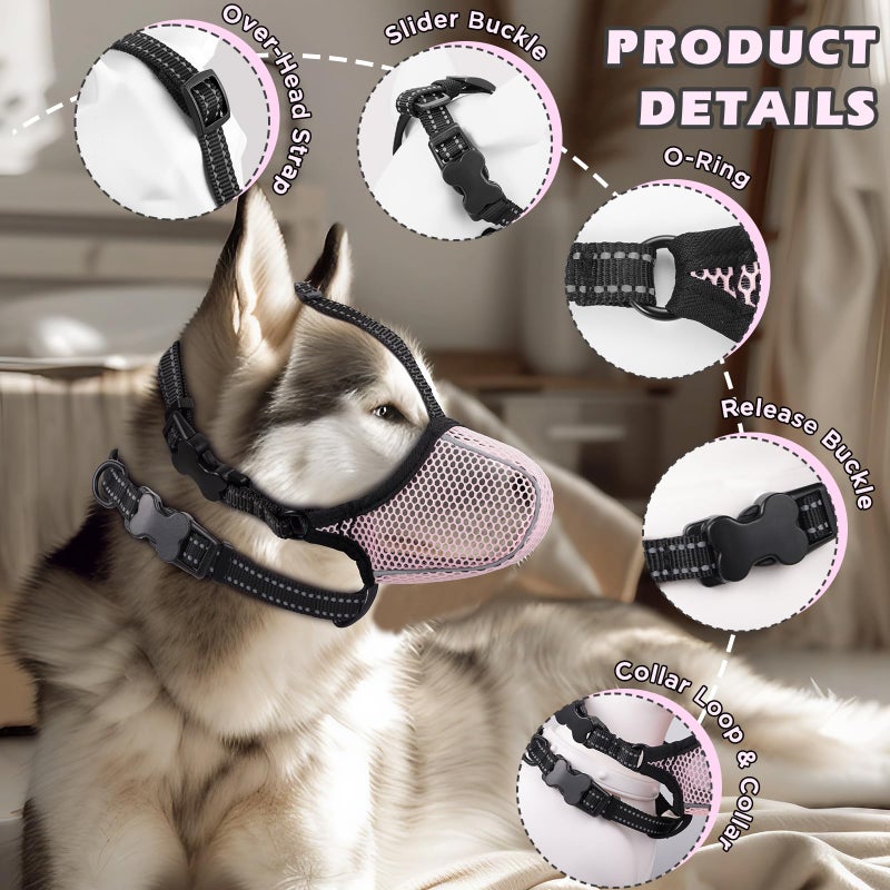 BONTHEE Dog Muzzle,Mesh Soft Muzzle for Small Medium Large Sized Dogs, Breathable Reflective Adjustable Puppy Muzzles with Collar for Scavenging Grooming Biting Chewing,Allows Panting and Drinking(Pink L) - Image 2