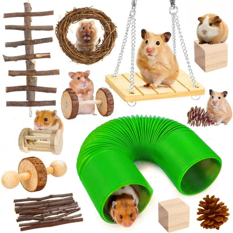 JDLYEVER Hardness boosted processed substance 12-Piece Hamster Toy Set - Fun & Safe Chewing Toys for Hamsters, Rabbits, & Parrots - Includes Wooden Chew Toys, Tunnel, Swing, Dumbbell, Flower Drum, Unicycle, Wooden Sticks for Small Pets Odor resistant - Image 1