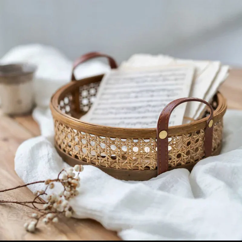 Quesera  Handwoven Rattan Basket/Tray with Leather handles  | Best Price UAE