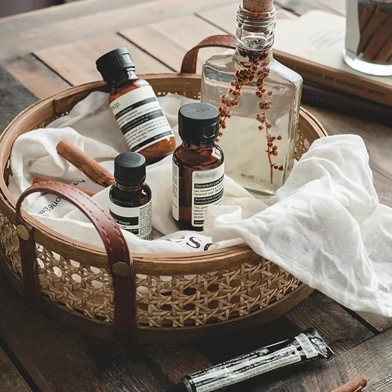 Quesera  Handwoven Rattan Basket/Tray with Leather handles  | Best Price UAE