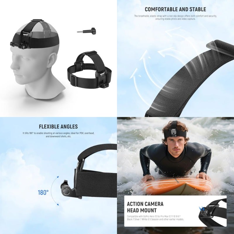 جوبرو جوبرو حزام رأس مع قاعدة تثبيت متوافق مع كاميرات GoPro Hero 13 12 11 10 9 8 7