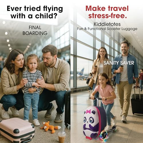 KIDDIETOTES Ride-On Scooter Suitcase for Kids – Hardside Lightweight Carry-On Luggage with Foldable Scooter, LED Wheels, Travel Fun for Toddlers & Children - Image 3