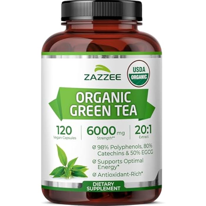 Zazzee USDA Organic Green Tea 20:1 Extract, 50% EGCG, 98% Polyphenols, 80% Catechins, 120 Vegan Capsules, 4 Month Supply, Antioxidant, Metabolism & Energy Support, Non-GMO, All-Natural, Made in USA - Image 1