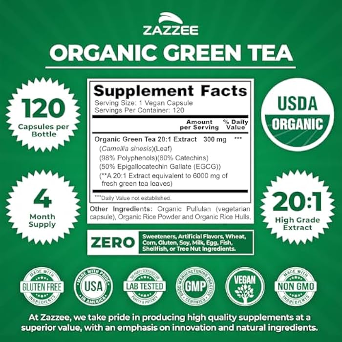 Zazzee USDA Organic Green Tea 20:1 Extract, 50% EGCG, 98% Polyphenols, 80% Catechins, 120 Vegan Capsules, 4 Month Supply, Antioxidant, Metabolism & Energy Support, Non-GMO, All-Natural, Made in USA - Image 3