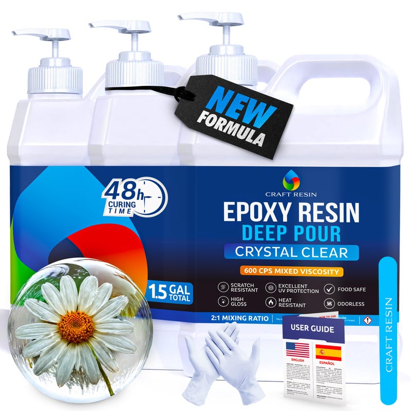 CRAFT RESIN Deep Pour Epoxy Resin Kit 1.5 Gallon â€“ for 2â€ Pours, Casting Resin Epoxy for River Tables, Wood, Flower Preservation & DIY Crafts â€“ Crystal Clear & Bubble Free, UV Resistant & Food Safe - Image 1