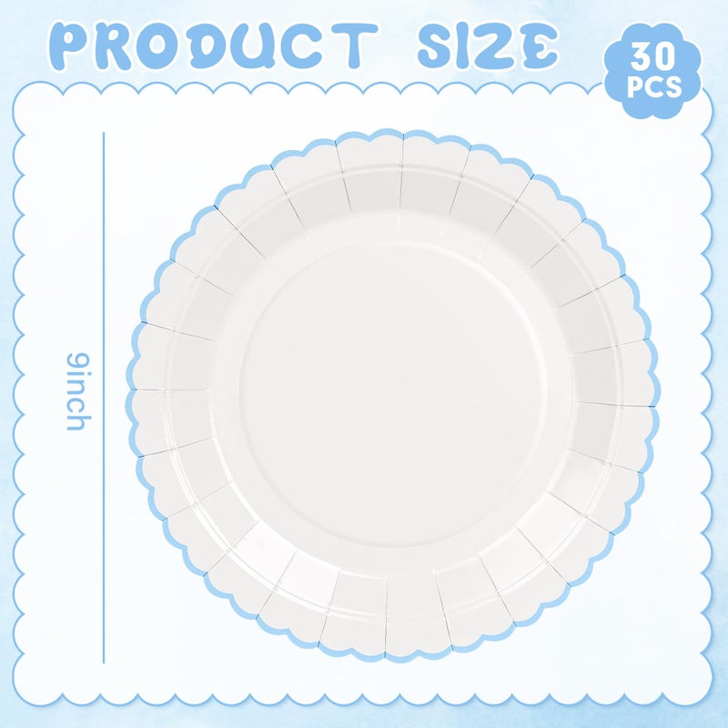 ZUQMZUQ 30 Pcs Blue and White Paper Plates, 9 Inch Baby Shower White Dinner Plates, Baby Blue Scalloped Paper Plates Party Supplies for Baby boy Shower, Wedding, Birthday, Bridal Shower - Image 2