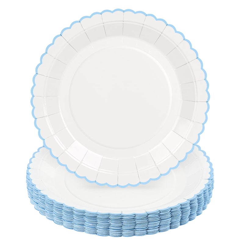 ZUQMZUQ 30 Pcs Blue and White Paper Plates, 9 Inch Baby Shower White Dinner Plates, Baby Blue Scalloped Paper Plates Party Supplies for Baby boy Shower, Wedding, Birthday, Bridal Shower - Image 1