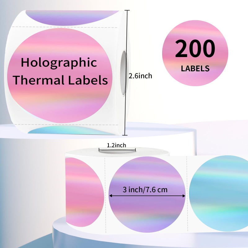 Yegawen 3" Circle Holographic Thermal Label Stickers, Round Printable Labels Rainbow Glitter Thermal Printer Sticker for Gift Wrapping- Spring Color/ 4 Colors - Image 2