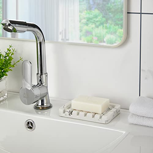 INIUNIK Self Draining Soap Dish - Marble Look Soap Holder Tray Savers Box Container Sponge Holder for Bathroom Shower Kitchen, White - Image 4
