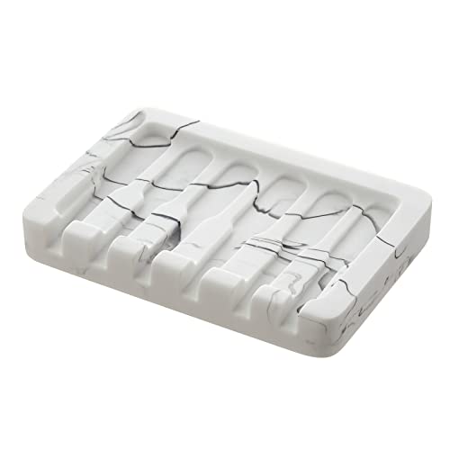 INIUNIK Self Draining Soap Dish - Marble Look Soap Holder Tray Savers Box Container Sponge Holder for Bathroom Shower Kitchen, White - Image 1