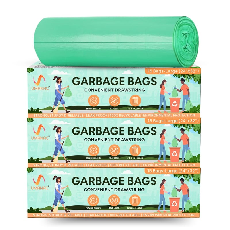 Umanac Garbage Bags 15N Large 24x32 Green Trash Bags 100 Recyclable Heavy Duty Dustbin Bags LeakProof Odour Control Detachable Drawstring Pack of 3 - Image 1