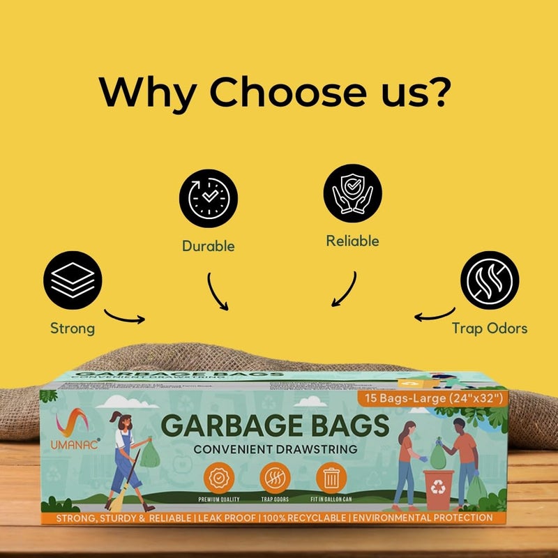 Umanac Garbage Bags 15N Large 24x32 Green Trash Bags 100 Recyclable Heavy Duty Dustbin Bags LeakProof Odour Control Detachable Drawstring Pack of 3 - Image 2