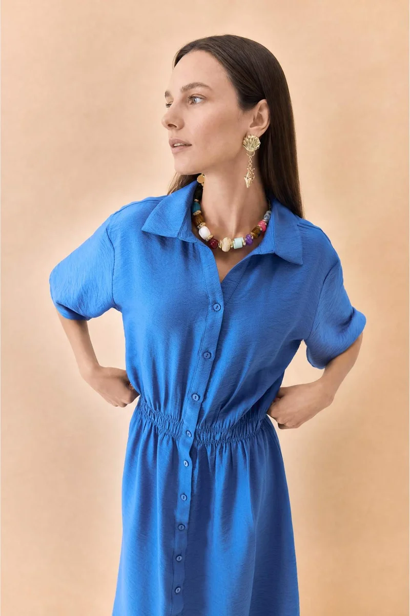 Defacto Regular Fit Shirt Collar Waist Midi Dress