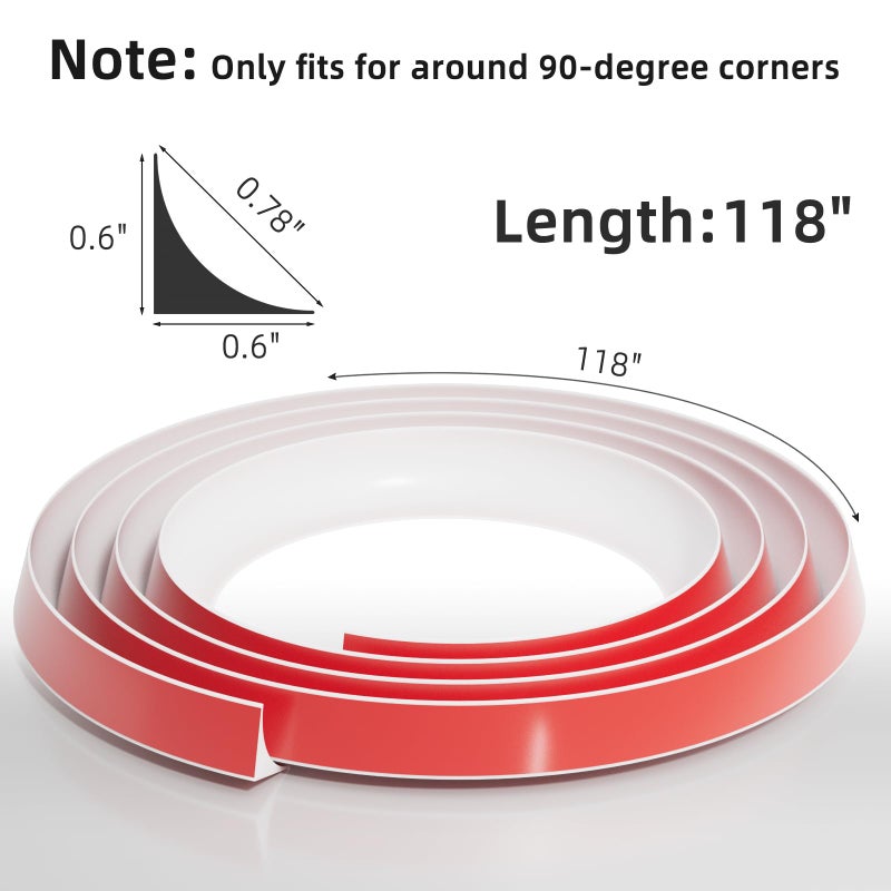 Conwang 118" Flexible L-Shaped Quarter Round,Bendable Trim Molding,Double-Sided Self Adhesive Peel and Stick Silicone Trim for Floor Edge,Wall Corner,Stairs,Cabinet and Tub Edge,0.6"(W)Ã—0.6"(H),White - Image 2