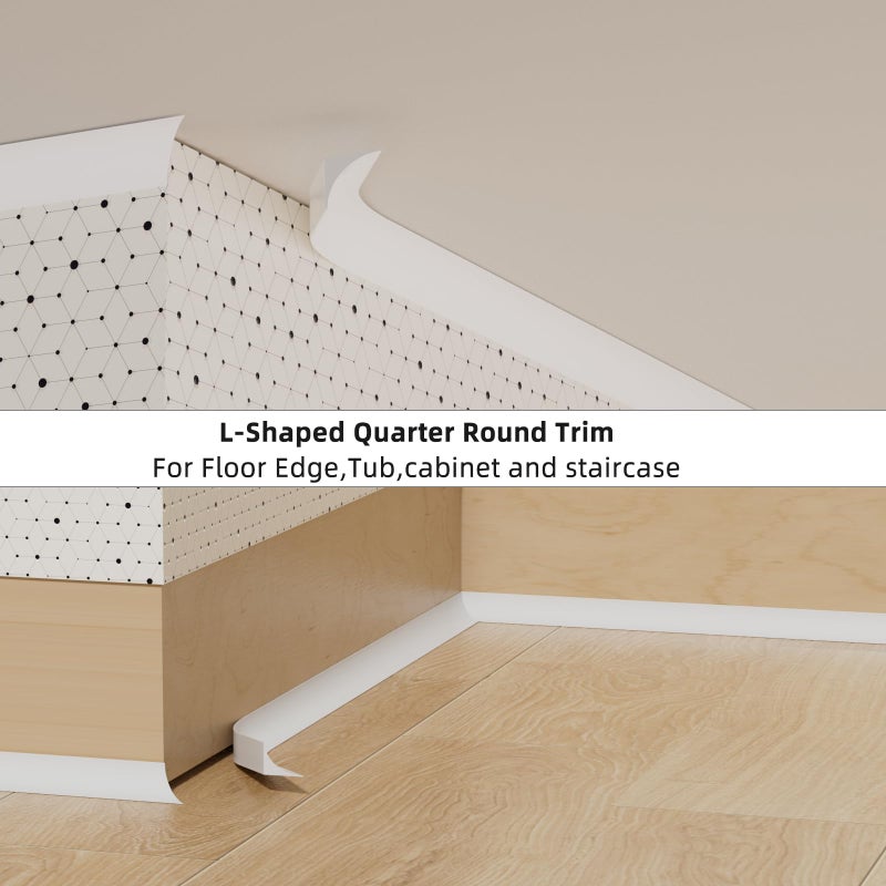 Conwang 118" Flexible L-Shaped Quarter Round,Bendable Trim Molding,Double-Sided Self Adhesive Peel and Stick Silicone Trim for Floor Edge,Wall Corner,Stairs,Cabinet and Tub Edge,0.6"(W)Ã—0.6"(H),White - Image 3