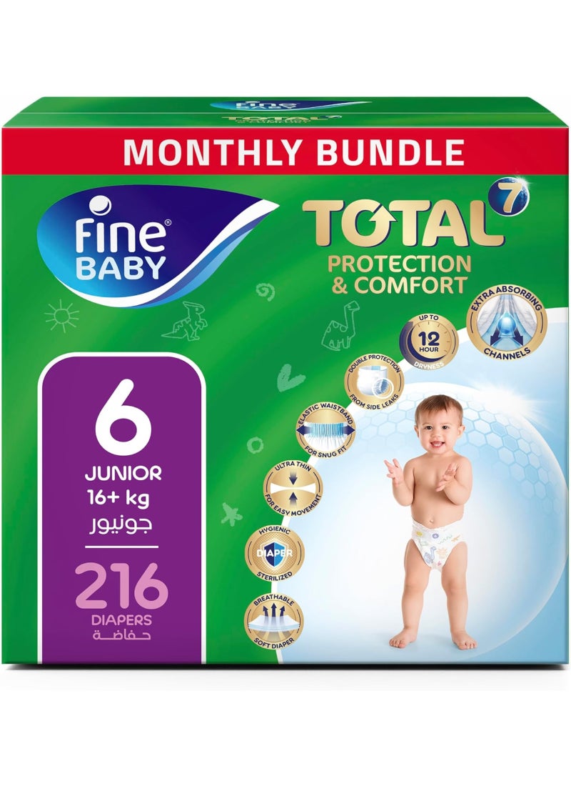 Fine Baby Total 7 Diapers, Size 6 Junior (15 kg+), 216 Count – Mega Pack, Soft, Absorbent & Leak Proof - Image 1
