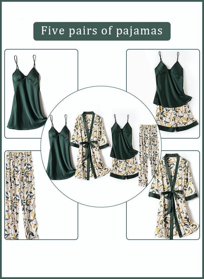 5-Pack Women's Pajama Sets Sling with Chest Pad Nightdress Sweet Sleepwear Home Wearing Clothes Suits Ladies Floral Printing Nightwear Lingerie Robe Underwear Shorts Summer Spring Green  - Image 2