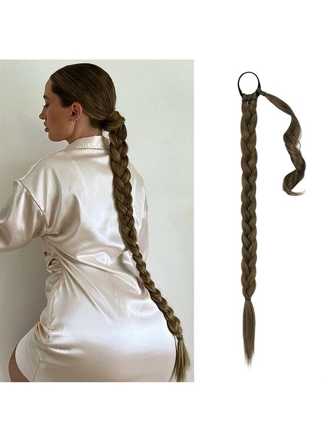 BARSDAR 26 Inch Long Braided Ponytail Extension with Hair Tie Straight Wrap Around Hair Extensions Pony Tail DIY Natural Soft Synthetic Hair Piece for Women Girls-Chestnut Brown mixed Dark Blonde - Image 1
