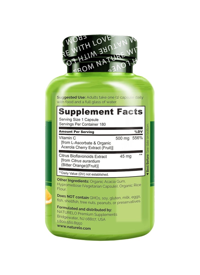 NATURELO - Vitamin C with Acerola Cherries Plus Citrus Bioflavonoids Formulated to Support Immune Health & Antioxidant Defense Dietary Supplement 180 Vegetarian Capsules - Image 1