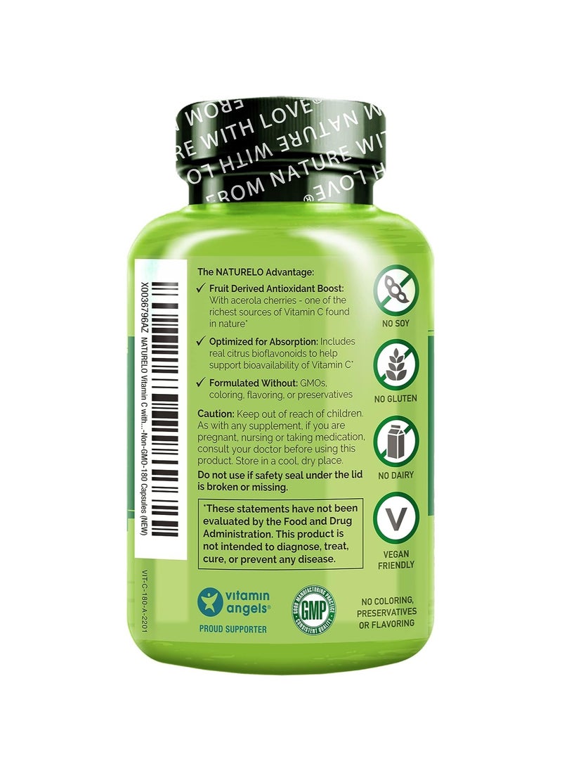 NATURELO - Vitamin C with Acerola Cherries Plus Citrus Bioflavonoids Formulated to Support Immune Health & Antioxidant Defense Dietary Supplement 180 Vegetarian Capsules - Image 1