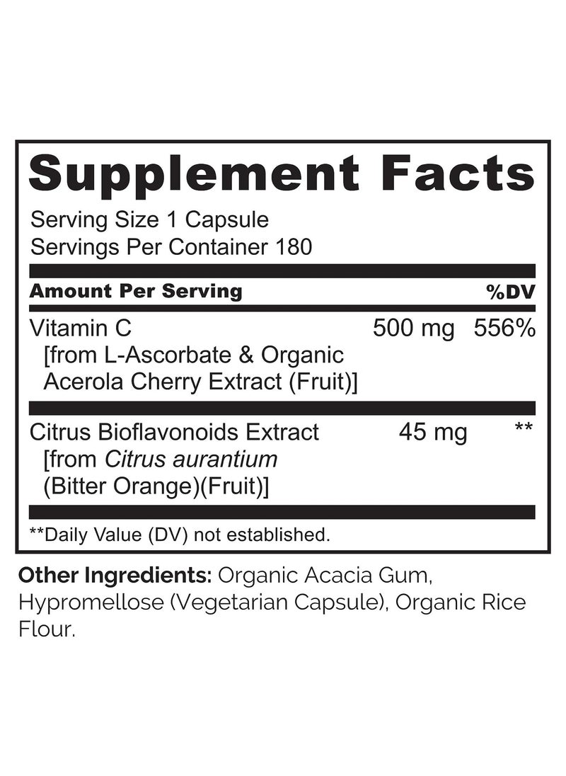 NATURELO - Vitamin C with Acerola Cherries Plus Citrus Bioflavonoids Formulated to Support Immune Health & Antioxidant Defense Dietary Supplement 180 Vegetarian Capsules - Image 1