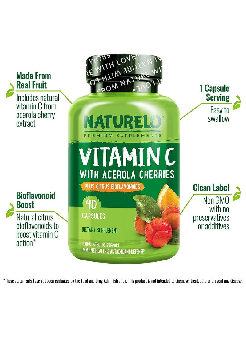 NATURELO - Vitamin C with Acerola Cherries Plus Citrus Bioflavonoids Formulated to Support Immune Health & Antioxidant Defense Dietary Supplement 180 Vegetarian Capsules - Image 1