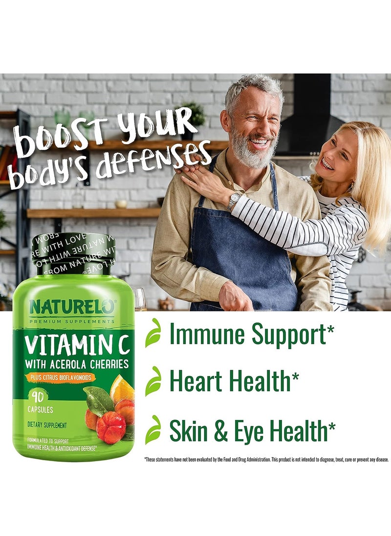 NATURELO - Vitamin C with Acerola Cherries Plus Citrus Bioflavonoids Formulated to Support Immune Health & Antioxidant Defense Dietary Supplement 180 Vegetarian Capsules - Image 1
