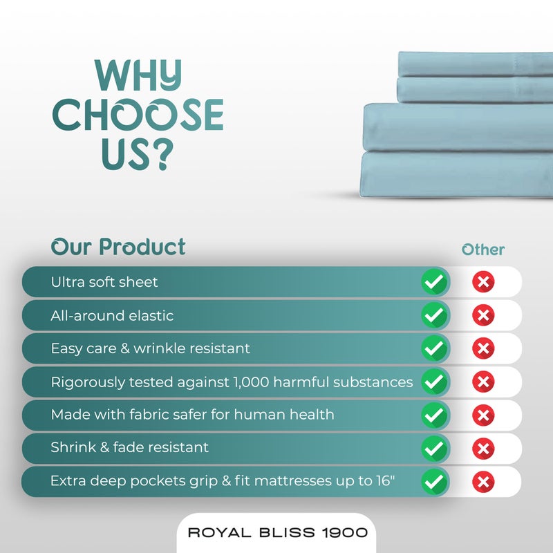 Royal Bliss 1900 Royal Bliss 1900 Top Split Flex Head King Size Sheet Set - Egyptian Quality Ultra-Soft Bed Sheets - Double Brushed - Deep Pockets- Easy Fit - 4 Piece Set- Fade Resistant (Top Split Flex Head  Aqua)  - Image 5