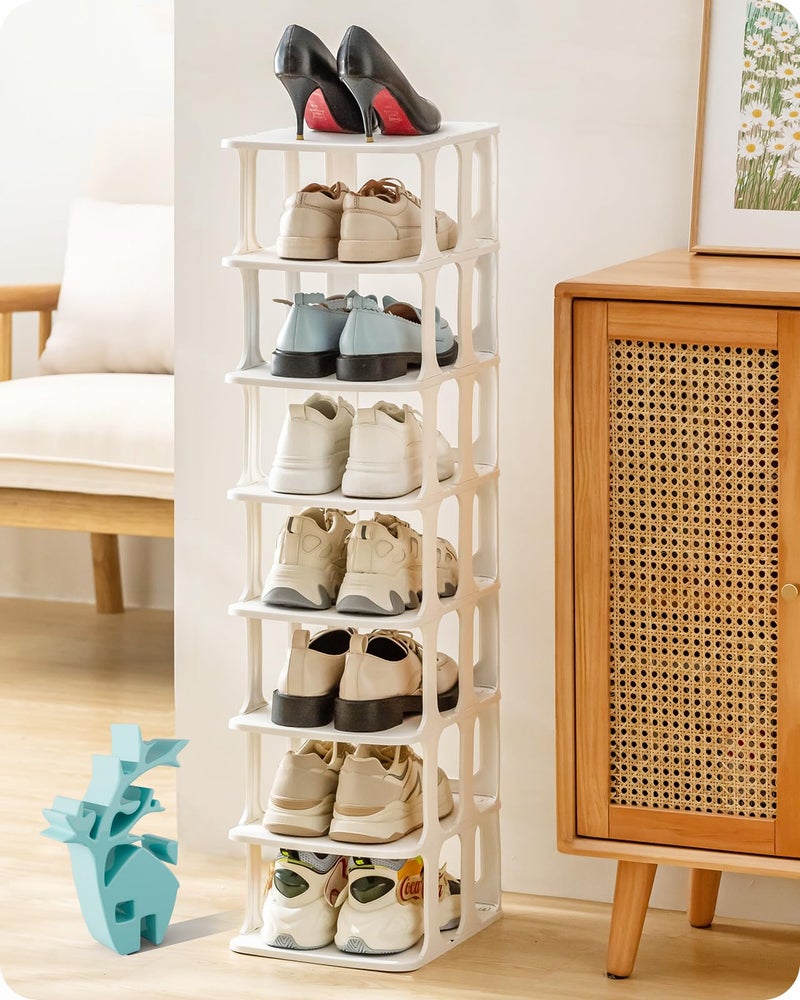 Baffect Narrow Shoe Rack Stackable Freely Combinable Shoe Storage Organisers Plastic Shoe Racks with 8Pair Capacity for Wardrobes Cabinets Entryways White