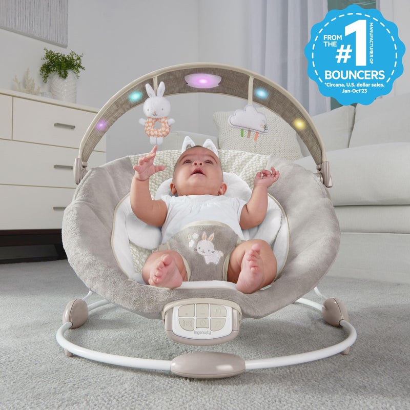 Ingenuity InLighten Baby Bouncer Infant Seat with Light Up -Toy Bar, Vibrations, Tummy Time Pillow & Sounds, 0-6 Months Up to 20 lbs (Twinkle Tails Bunny) - Image 4