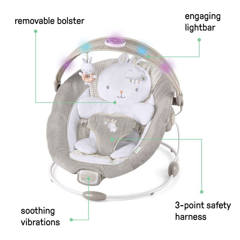 Ingenuity InLighten Baby Bouncer Infant Seat with Light Up -Toy Bar, Vibrations, Tummy Time Pillow & Sounds, 0-6 Months Up to 20 lbs (Twinkle Tails Bunny) - Image 2