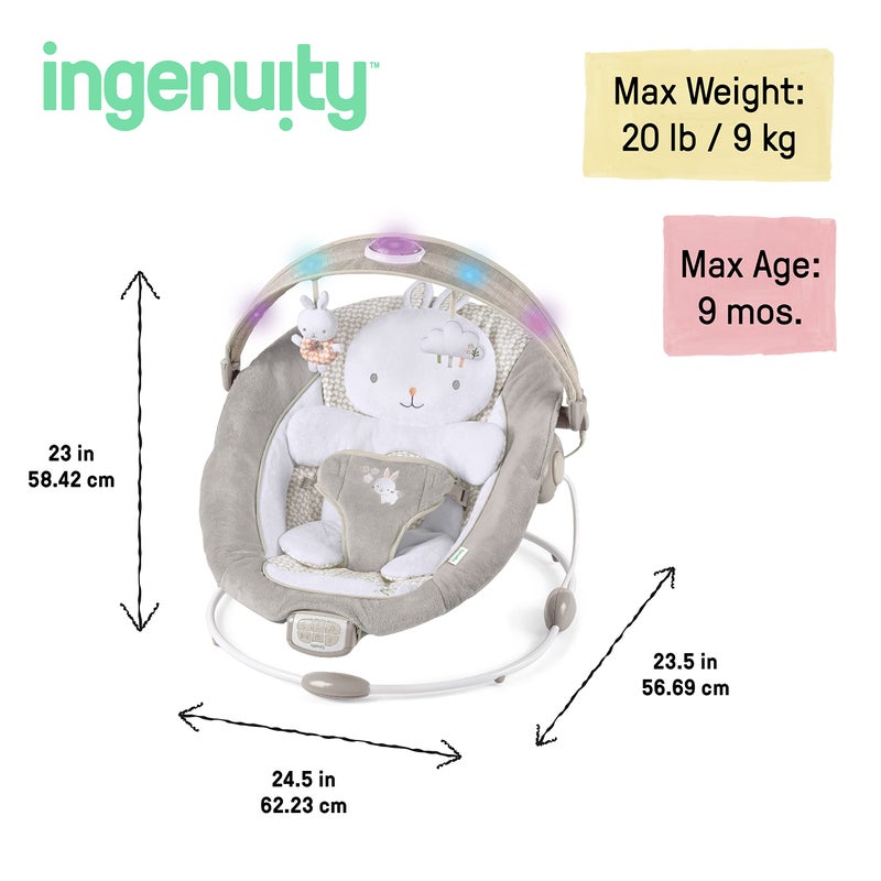 Ingenuity InLighten Baby Bouncer Infant Seat with Light Up -Toy Bar, Vibrations, Tummy Time Pillow & Sounds, 0-6 Months Up to 20 lbs (Twinkle Tails Bunny) - Image 3