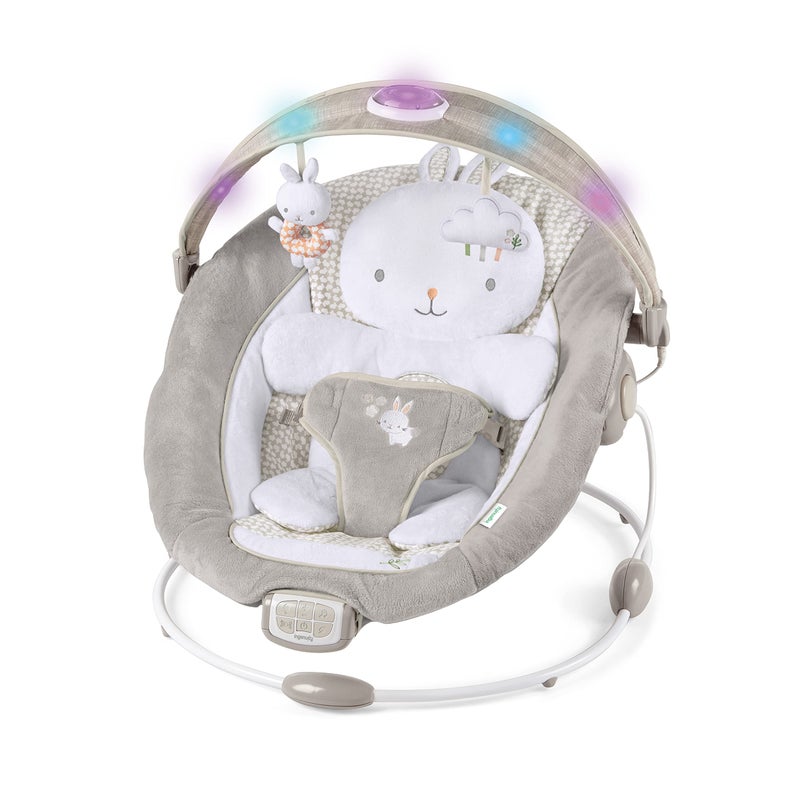 Ingenuity InLighten Baby Bouncer Infant Seat with Light Up -Toy Bar, Vibrations, Tummy Time Pillow & Sounds, 0-6 Months Up to 20 lbs (Twinkle Tails Bunny) - Image 1