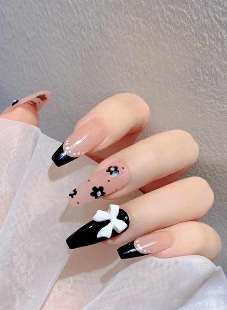 Stylish Pink Press-On Nails, Glossy Medium Fake Nails with Flower Bow Design, 24Pcs Acrylic Glue-On Nail Art for Elegant Decoration - Image 3