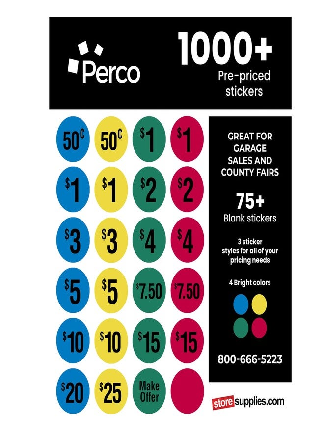 Perco Garage Sale Price Stickers - 1000+ Pre-Priced & 75+ Blank Stickers - Easy-to-Read Price Tags for Effective and Attractive Pricing - Ideal for Yard Sales, Flea Markets, County Fairs & Retail Use - Image 1