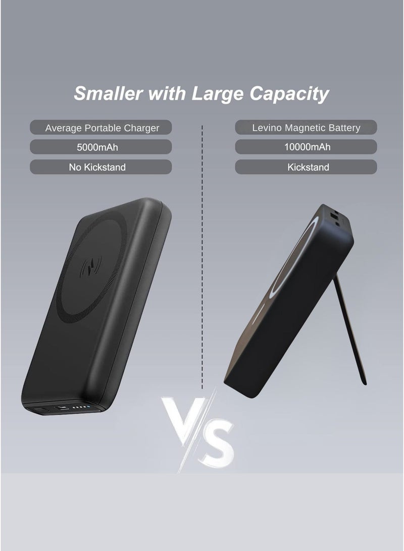 Levino MagSafe Power Bank 10000mAh with Foldable Stand | Dual Type-C & 1 USB Ports | Includes Type-C & Lightning Cables | LED Indicator | Fast Charging for iPhone 15/14/13/12 Series, Samsung Galaxy, Google Pixel & More | Black - Image 4