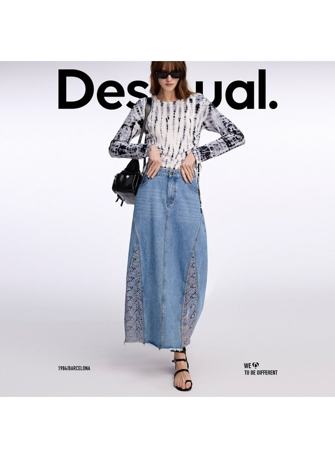 DESIGUAL تنورة ماكسي A-line من الدنيم مع قصات من الدانتيل - Image 3