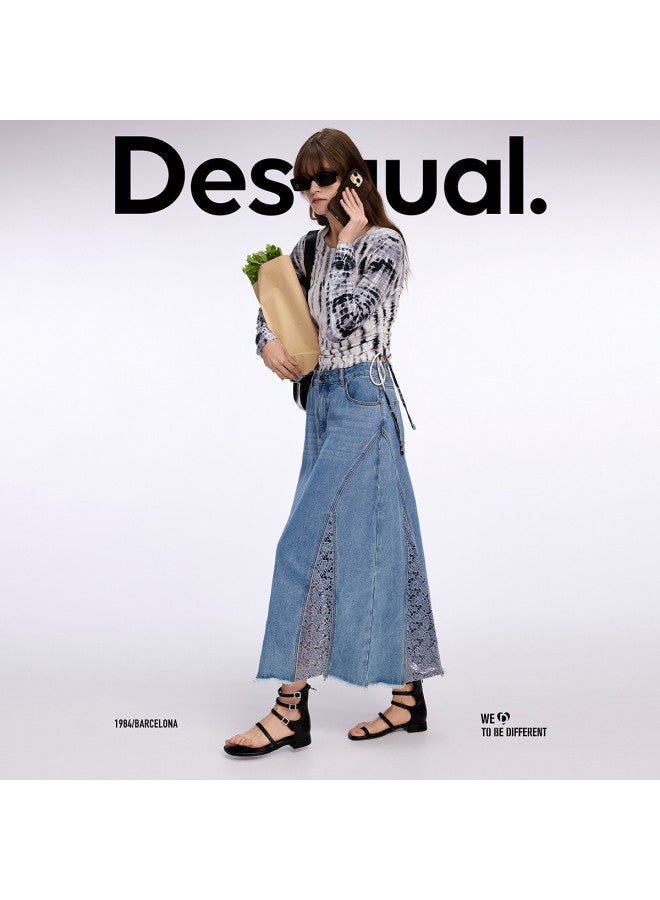 DESIGUAL تنورة ماكسي A-line من الدنيم مع قصات من الدانتيل - Image 5