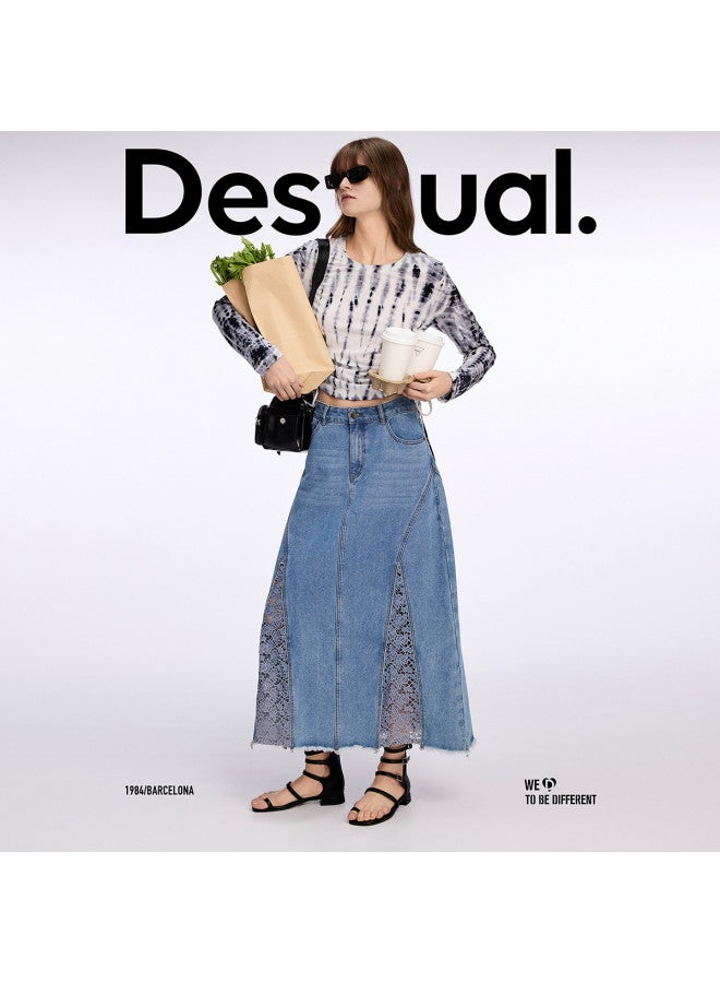 DESIGUAL تنورة ماكسي A-line من الدنيم مع قصات من الدانتيل - Image 4
