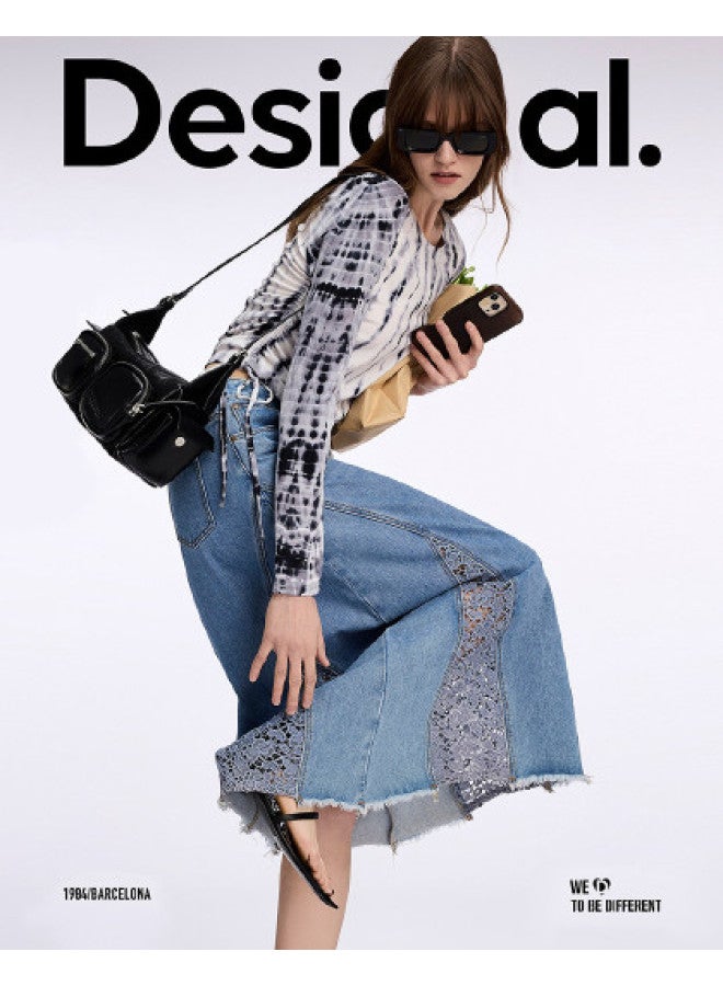 DESIGUAL تنورة ماكسي A-line من الدنيم مع قصات من الدانتيل - Image 1