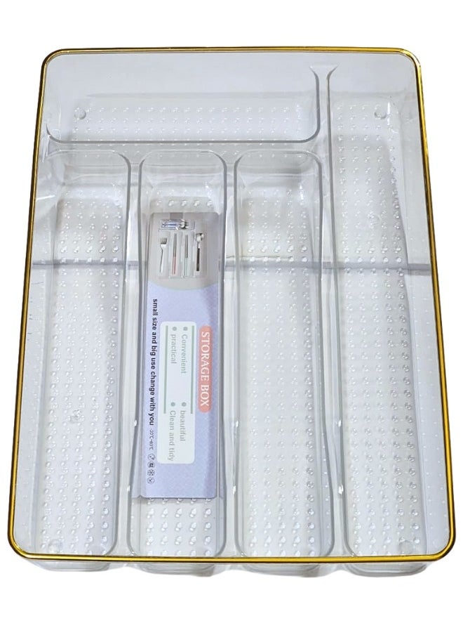 Happy Home Acrylic 5-Compartment Tabletop Organizer with Gold Frame for Jewelry, Cosmetics, Makeup, Kitchen Utensils Rectangular 34*24cm  - Image 1