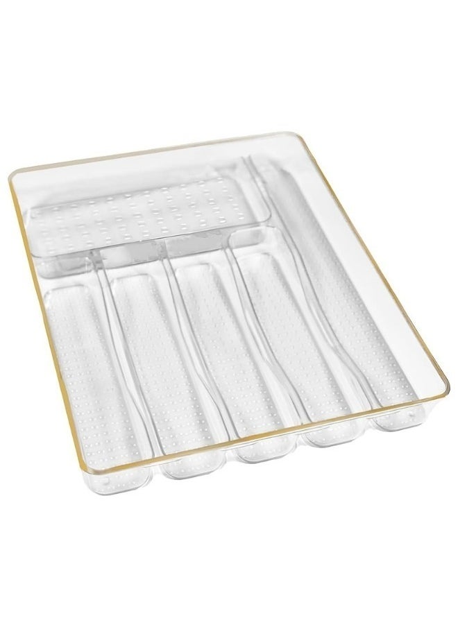 Happy Home Acrylic 5-Compartment Tabletop Organizer with Gold Frame for Jewelry, Cosmetics, Makeup, Kitchen Utensils Rectangular 34*24cm  - Image 4