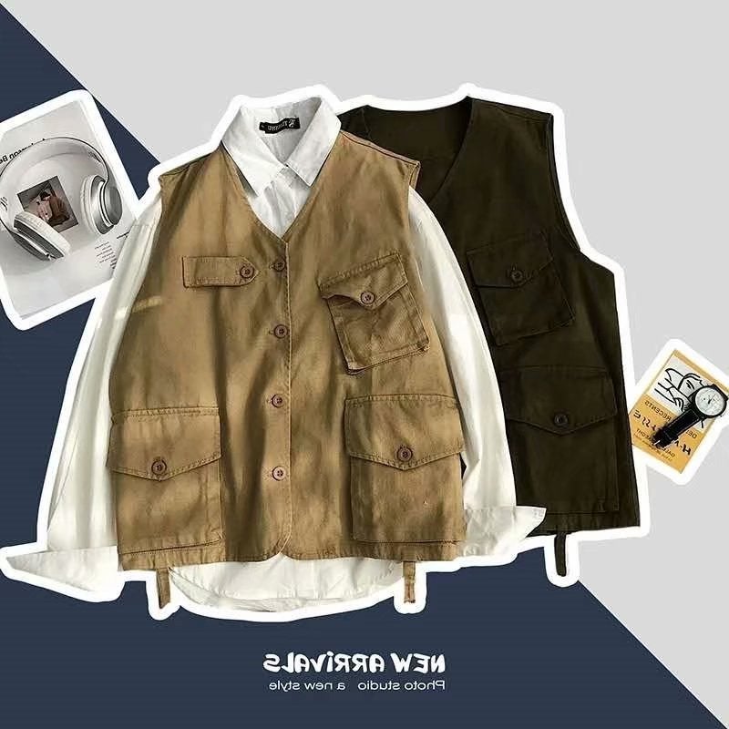 Japanese Style Vintage Workwear Vest Womens Loose Trendy ins Harajuku Casual Spring and Autumn Thin Vest Outer Wear Top Jacket Green - Image 2