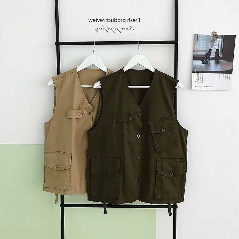 Japanese Style Vintage Workwear Vest Womens Loose Trendy ins Harajuku Casual Spring and Autumn Thin Vest Outer Wear Top Jacket Green - Image 3