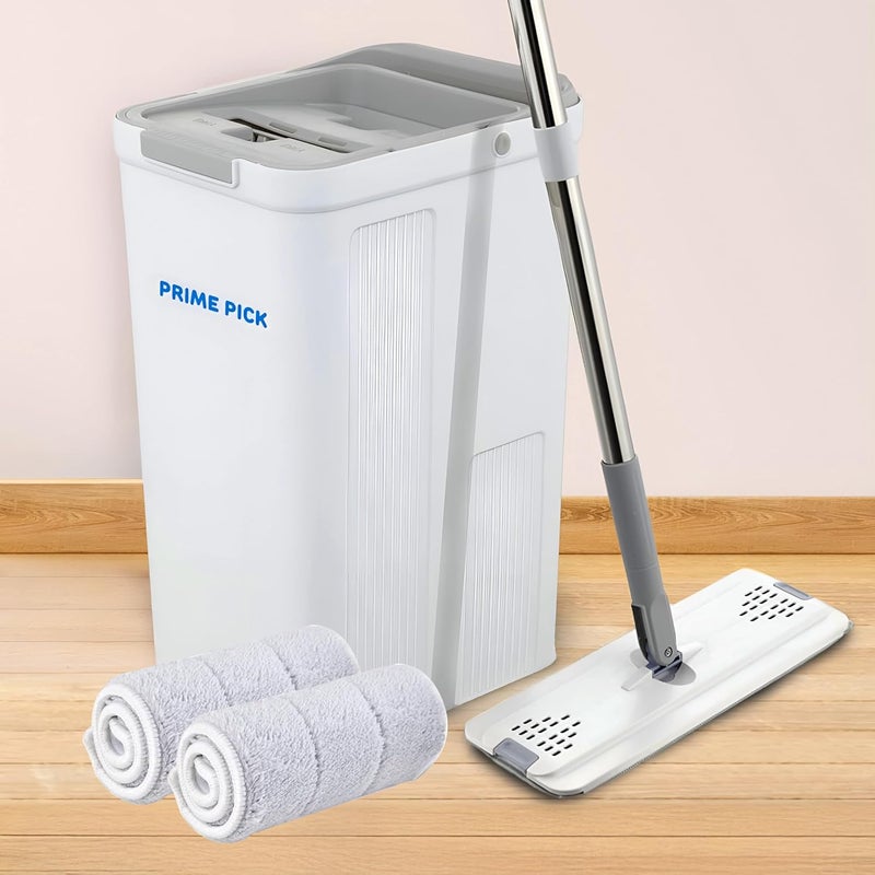 PRIME PICK Plastic Mop and Bucket with Wringer Set Flat Floor Mop and Bucket with 2 Microfiber Mops for Floor Cleaning Wet and Dry Use for Household CleaningWhite - Image 1