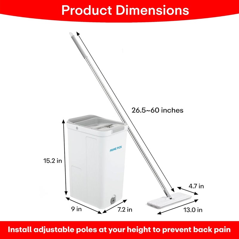 PRIME PICK Plastic Mop and Bucket with Wringer Set Flat Floor Mop and Bucket with 2 Microfiber Mops for Floor Cleaning Wet and Dry Use for Household CleaningWhite - Image 2